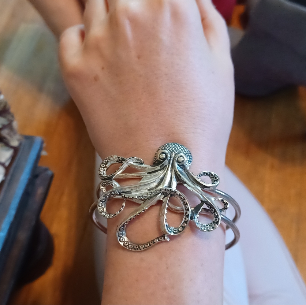 Silvertone Octopus Hinge Cuff Statement Bracelet - image 2